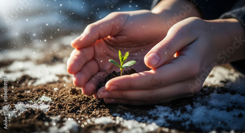We protect the harvest of young seedlings and sprouts from frost in the spring. A farmer's hands protect a sprout from frost.