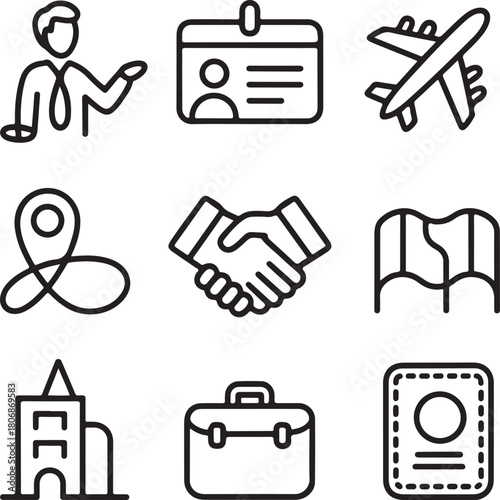 Business travel, corporate management, handshake deal, id card, passport, office briefcase, location map, flight