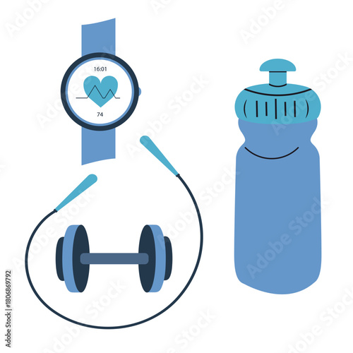 Dumbbell with a water bottle, smart watch and jump rope for sports.
