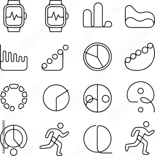 Data icons, business analytics, smartwatch device, growth chart, statistics graph, financial report