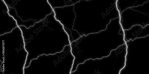 Dramatic Electric Lightning Strikes Abstract Pattern on Black Background.Lightning Effect Overlay, Isolated Electric Thunderstorm Bolt Strikes on Dark Night Sky Background.

