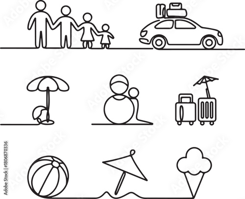 Family vacation, summer trip, road travel, parents and children, holiday luggage, beach fun