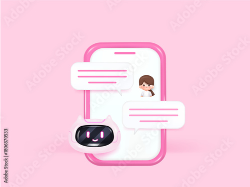 3D chatbot speech bubbles with woman character. AI communication and virtual support. Concept of AI and machine learning. 3D Rendering. Vector illustration