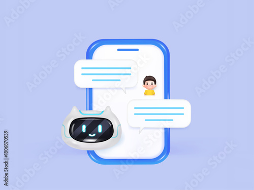 3D chatbot speech bubbles with man character. AI communication and virtual support. Concept of AI and machine learning. 3D Rendering. Vector illustration