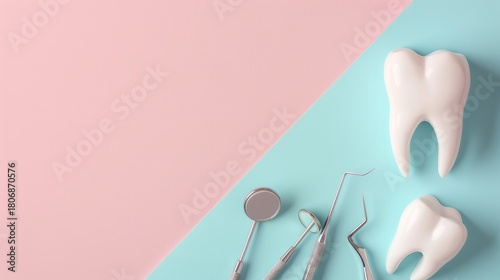 Dental tools and two realistic teeth models arranged on a pastel background, showcasing dental care essentials and emphasizing oral hygiene practices in a modern setting