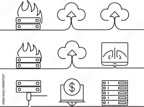 Server error, firewall security, cloud upload, broken link, data crash, money protection