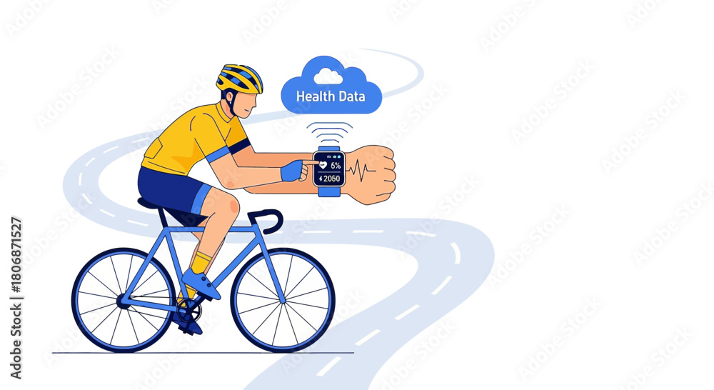 Obraz premium Cyclist Monitoring Health Data with Smartwatch on Winding Road for Active Lifestyle