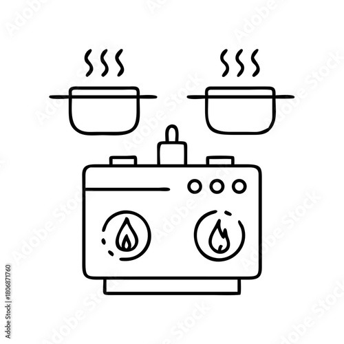 Simple line drawing of a stove with two pots cooking on it