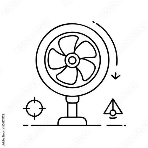 Stylized black and white illustration of a rotating fan with multiple features