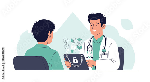 Doctor explaining the use of blockchain technology for secure health data to patient