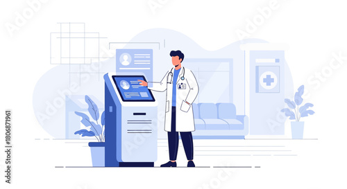 Doctor interacting with a modern medical kiosk, showcasing patient data accessibility, and