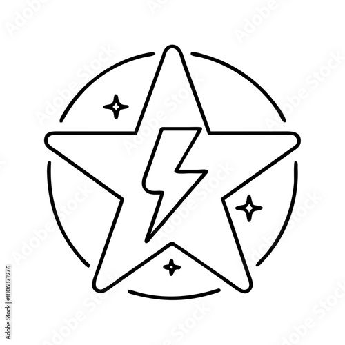 Outline illustration of a star with lightning bolt and orbital ring