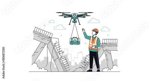 Drone Delivers Aid to Construction Worker After Bridge Collapse Disaster Relief Scenario