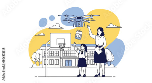 Drone medicine delivery to students at school grounds illustration showing education technology