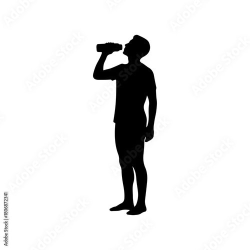 A minimalist vector black silhouette of a person standing and drinking water from a bottle. Features bold, clean shapes. Ideal for health, hydration, and fitness themes.