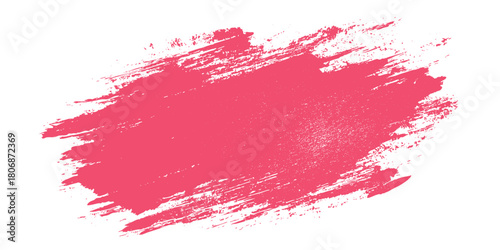 Vibrant coral pink abstract paint brush stroke texture with rough edges and scattered small dots on a white background
