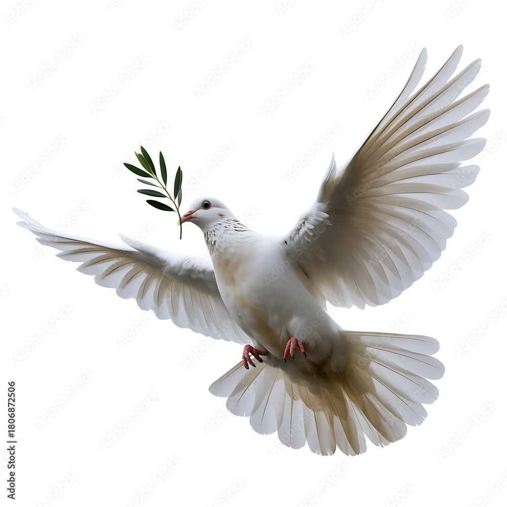 Fototapeta premium White dove flying with an olive branch, symbol of peace and hope