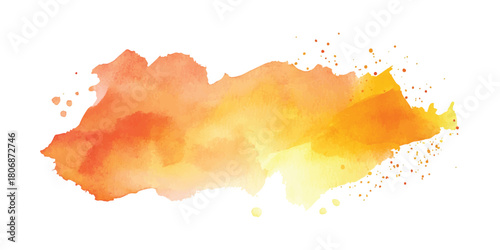 Abstract watercolor splash stain in warm orange yellow and red tones with scattered droplets on white background