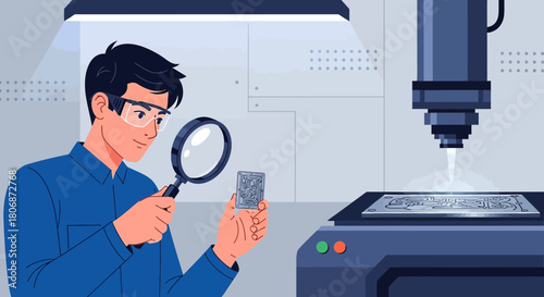 Engineer inspects circuit board details under magnification in manufacturing setting