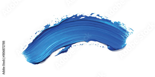 Thick blue paint stroke with textured brush marks and small splatters on a white background vector
