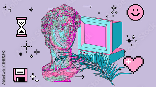 Vector illustration combines a low-poly classical bust and vintage computer in retro 80s vaporwave style, using pastel pink, blue, and purple colors. The scene is decorated with pixel art icons.