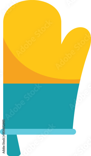 Kitchen oven mitt in yellow and teal colors, offering protection from heat while handling hot cookware