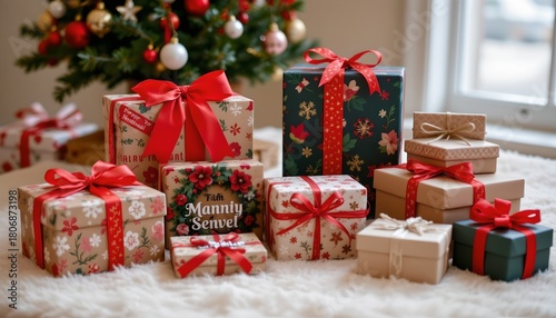 Festive Christmas Presents Near Decorated Tree