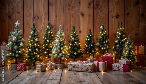 Festive Christmas Trees with Wrapped Presents and Warm Lighting