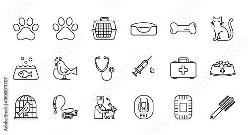Collection of linear pet care icons representing various aspects of animal well-being