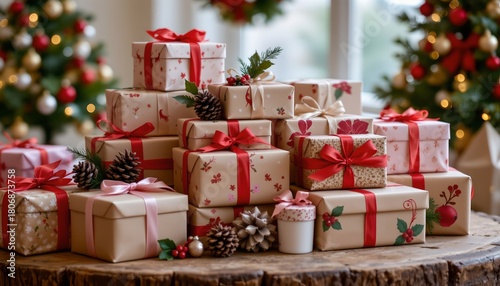 Festive Christmas Presents with Decorations and Holiday Trees