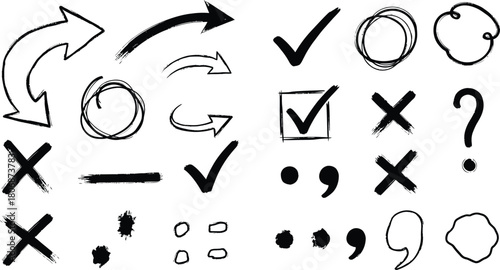 Hand drawn doodle elements, arrows, check marks, circles, and question marks isolated on white background