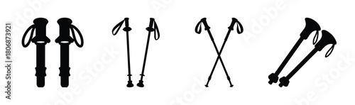 Trekking and hiking poles icons. set of outdoor activity gear.