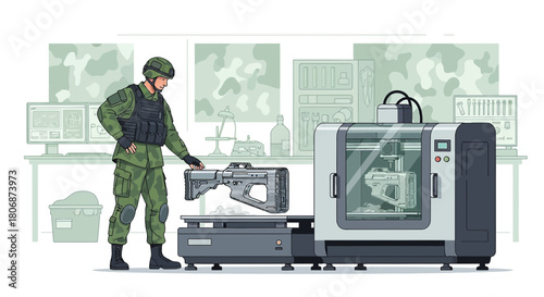 Future warfare innovation: A soldier examining a 3D printed weapon near a sophisticated printer