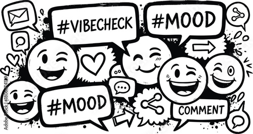 Social media doodle set with emoticons, hashtags and speech bubbles isolated on white background