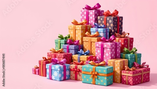 Colorful Gift Boxes Stacked Pyramid Pink Background