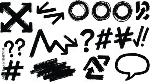 Set of grunge elements, arrows, circles, question marks isolated on white background