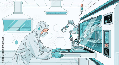 Futuristic cleanroom environment depicting advanced technological research and development