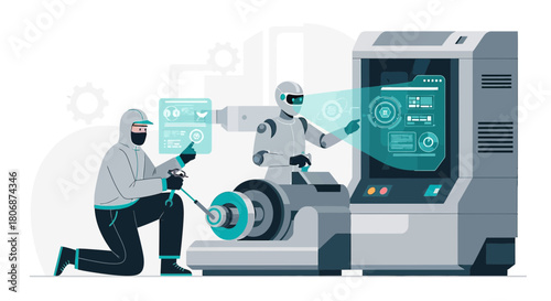 Futuristic collaboration robot and human working on a modern machine industrial setting