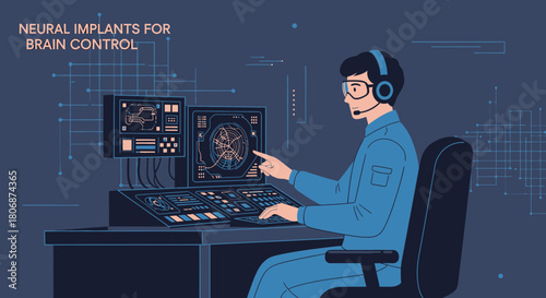 Futuristic control center operator monitoring neural network activity and brainwave analysis