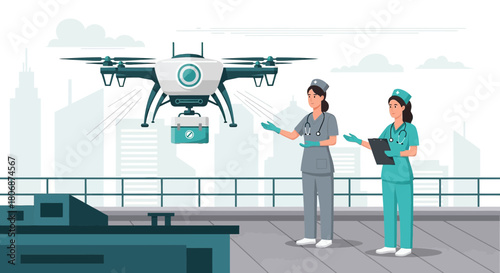 Futuristic healthcare concept featuring drone delivery of medical supplies to nurses on a rooftop
