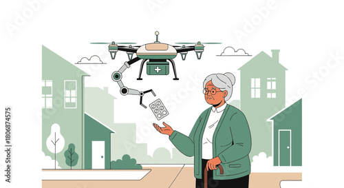 Futuristic Healthcare Delivery Drone Providing Medication to an Elderly Woman at Home Safely
