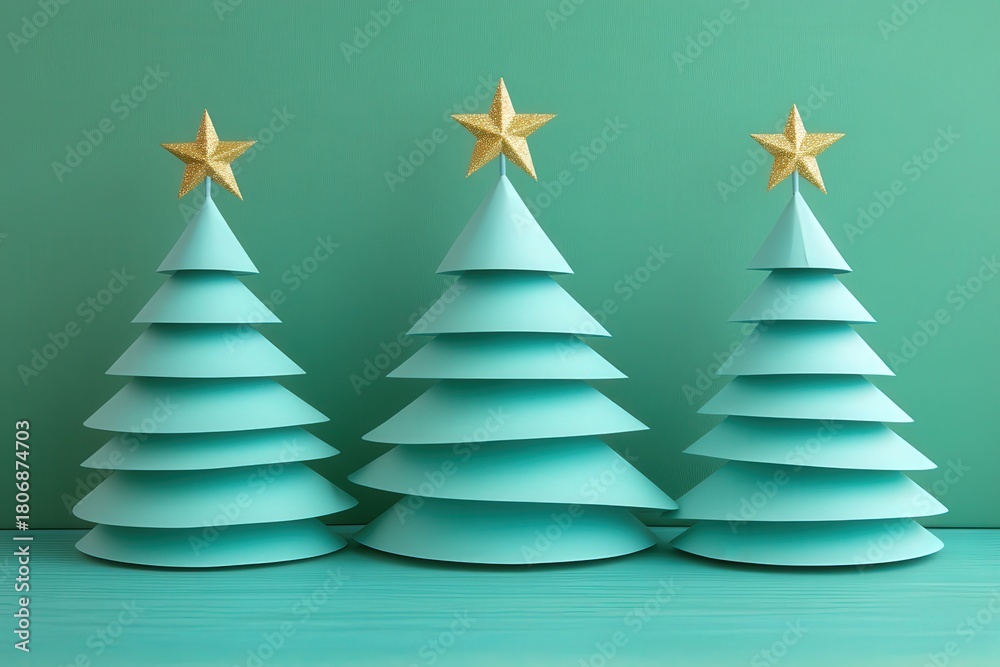 Obraz premium Three stylized layered trees adorned with glittery stars stand against a monochromatic background