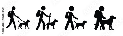 People walking dogs vector silhouette icon set on white background