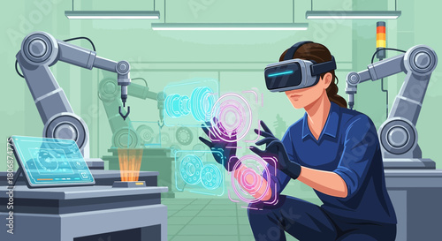 Futuristic industrial designer working with virtual reality for complex mechanical design and
