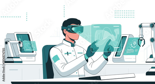 Futuristic lab environment with researcher interacting with digital interface using VR headset