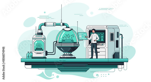 Futuristic laboratory scene featuring scientist and advanced research equipment installation