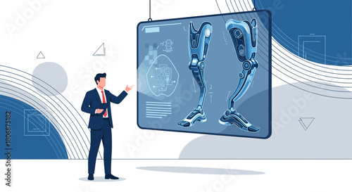 Futuristic limb technology presentation featuring a confident professional in a suit