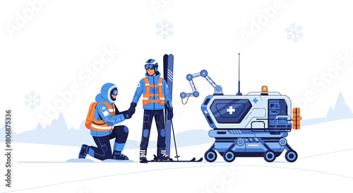 Futuristic medical rescue team with automated vehicle in snowy mountains assisting a skier