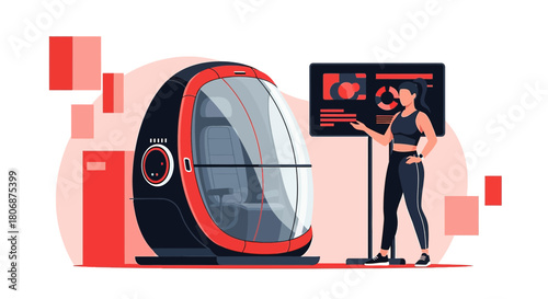 Futuristic pod presentation with female trainer demonstrating wellness data analysis