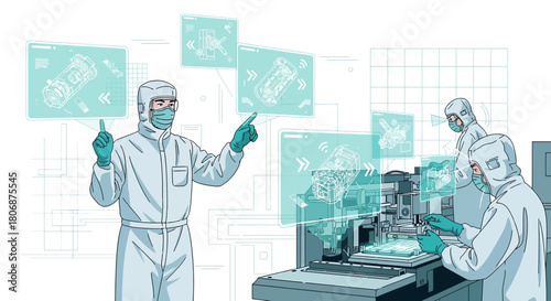 Futuristic production line managed by hazmat suited workers employing augmented reality interfaces